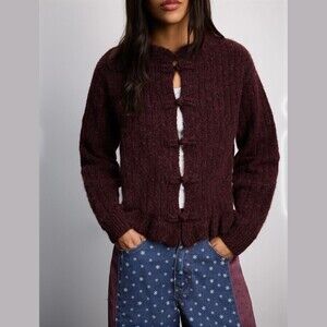 Burgundy Red Ribbed Knit Toggle Front Stand Collar Cardigan